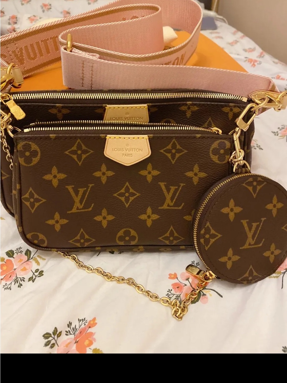 LV Monogram Multi Pochette with Pink Strap and Gold Hardware